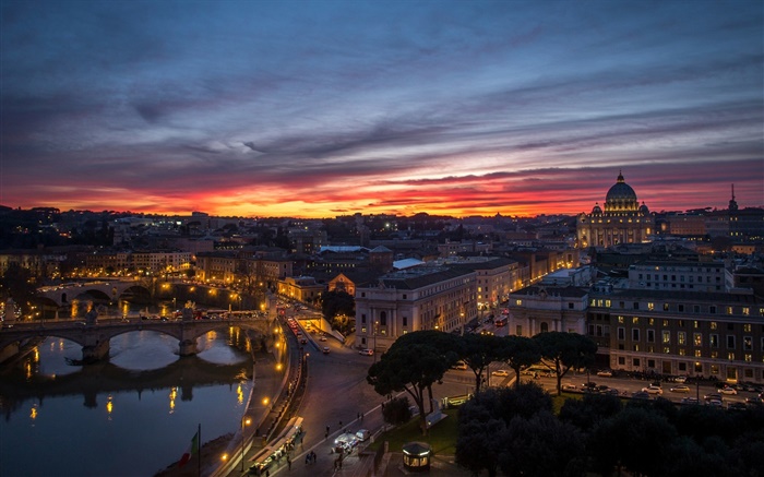 羅馬，意大利，梵蒂岡，傍晚，夕陽，房屋，河流，橋樑 桌布 圖片