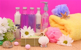 SPA靜物，菊花，瓶，沐浴球，毛巾