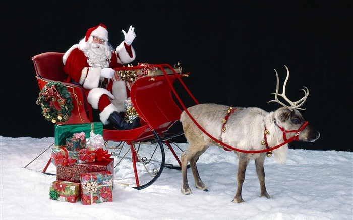 聖誕老人，鹿，雪橇，禮物，聖誕主題 桌布 圖片
