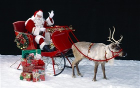 聖誕老人，鹿，雪橇，禮物，聖誕主題 高清桌布