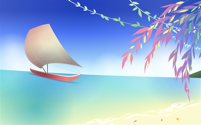 海水，沙灘，船，樹枝，春天，矢量設計 桌布 圖片