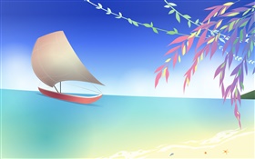 海水，沙灘，船，樹枝，春天，矢量設計 高清桌布