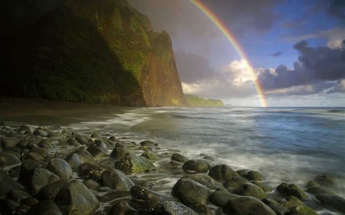 海，海岸，石頭，彩虹，雲 桌布 圖片