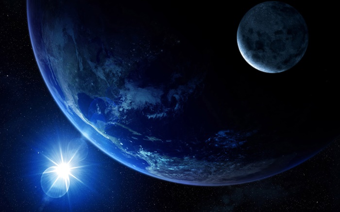 看到地球在太空中，月亮，太陽，光 桌布 圖片