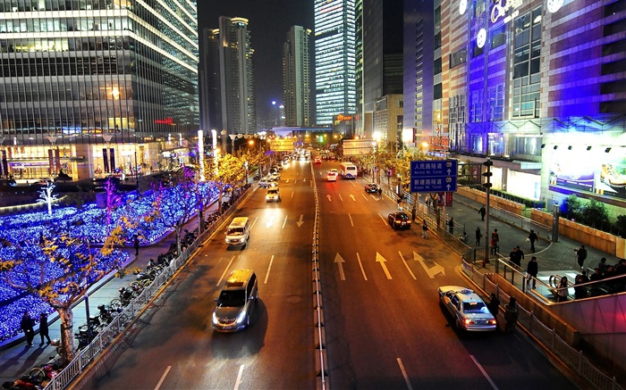 上海，街道，路燈，晚上，市，中國 桌布 圖片