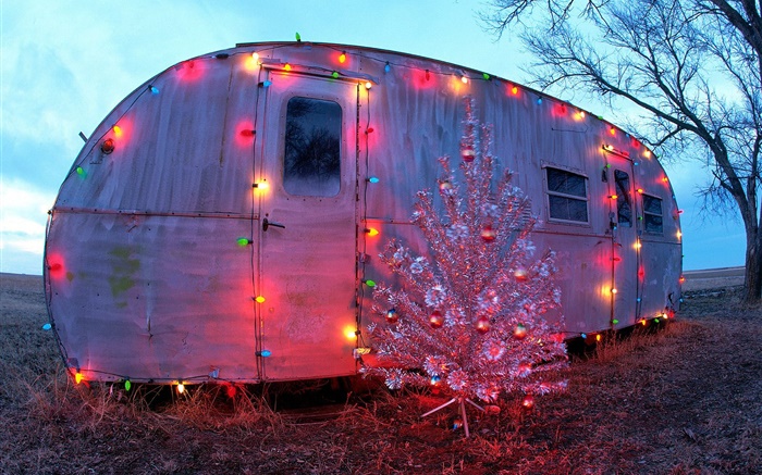 簡單的房子，節日燈，聖誕樹 桌布 圖片