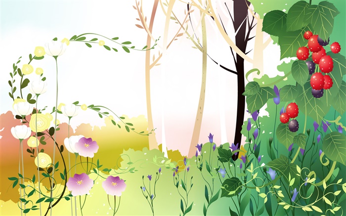 春天為主題，樹木，樹葉，漿果，矢量圖片 桌布 圖片