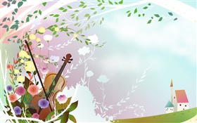 春天的主題，鮮花，小提琴，樹，房子，矢量圖片 高清桌布