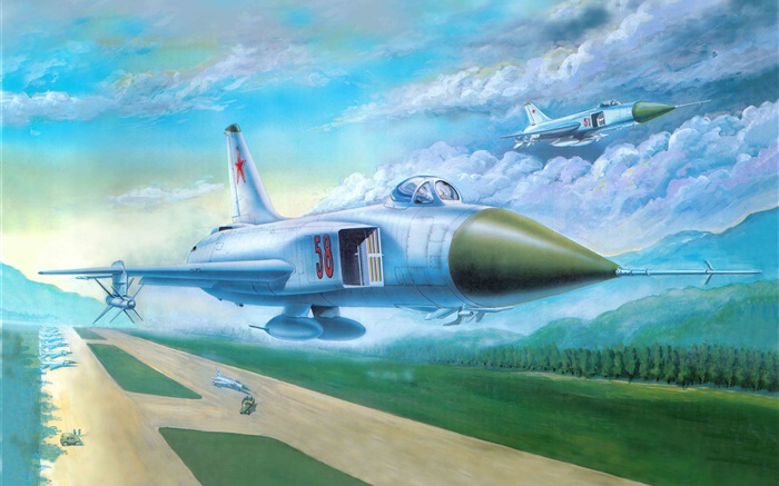 蘇15戰鬥機，起飛，藝術繪畫 桌布 圖片