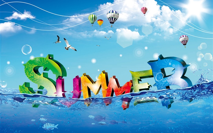 夏天，創意設計，色彩絢麗，水，魚，鳥，氣球 桌布 圖片
