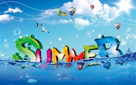 夏天，創意設計，色彩絢麗，水，魚，鳥，氣球 高清桌布