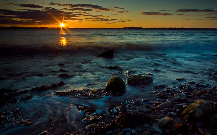 日落，黃昏，海，石頭，海岸 桌布 圖片