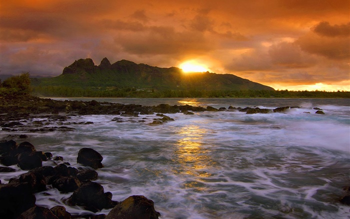 日落，紅色的天空，雲，海岸，岩石，夏威夷，美國 桌布 圖片