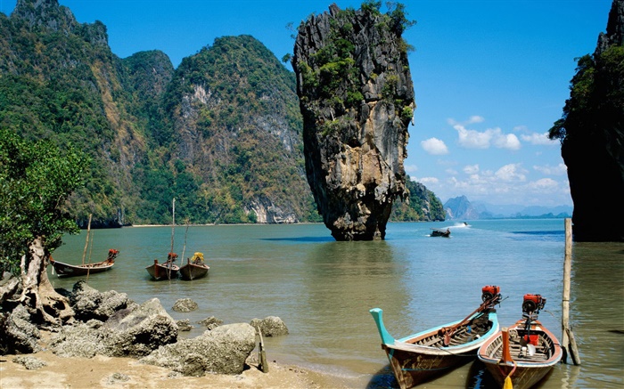 泰國風光，海，海岸，船，懸崖，岩石 桌布 圖片