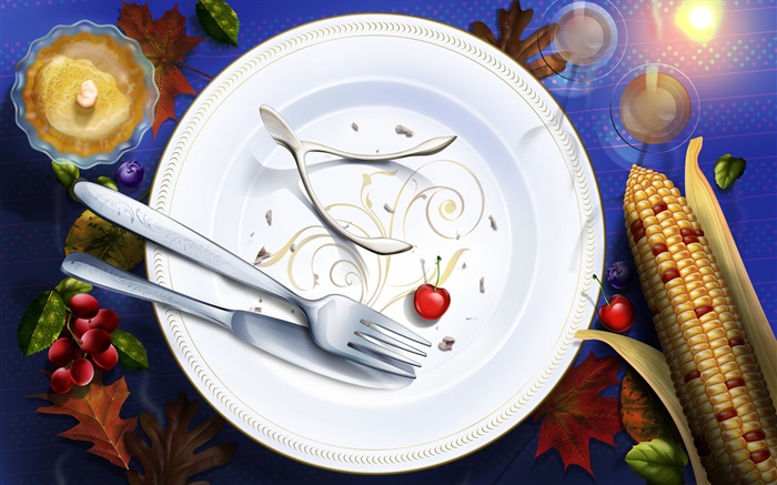 感恩節的圖片，藝術畫，餐具，刀，叉，櫻桃 桌布 圖片