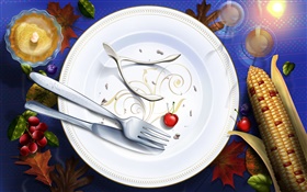 感恩節的圖片，藝術畫，餐具，刀，叉，櫻桃