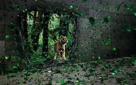 老虎在森林裡，綠葉飛舞，創意圖片