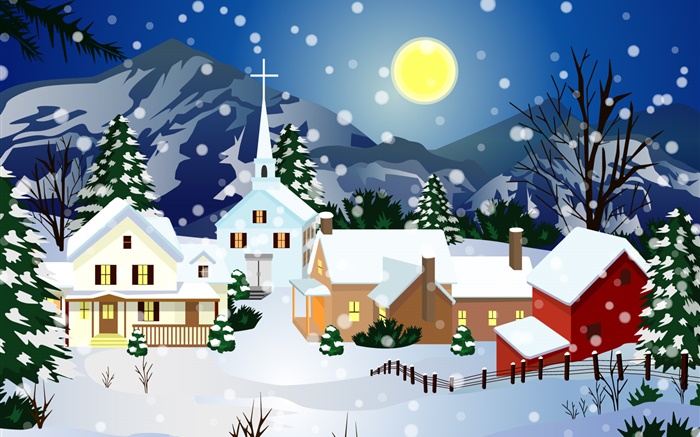 矢量圖片，厚厚的積雪，房子，月亮，聖誕 桌布 圖片