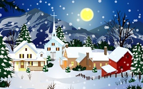 矢量圖片，厚厚的積雪，房子，月亮，聖誕 高清桌布