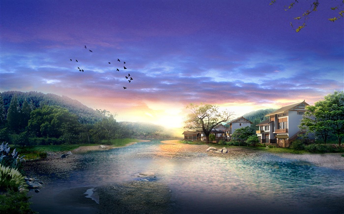 村莊，河流，樹木，飛鳥，日落，雲海，3D渲染設計 桌布 圖片
