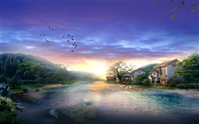 村莊，河流，樹木，飛鳥，日落，雲海，3D渲染設計 高清桌布