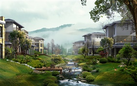 別墅，小溪，樹木，霧，3D渲染設計 高清桌布