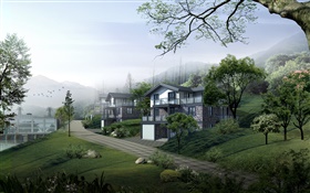 別墅，道路，樹木，山，3D設計 高清桌布