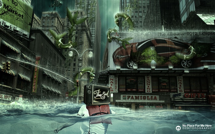 水，城，雨，創意設計，世界末日 桌布 圖片