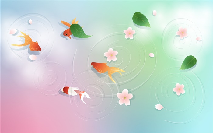 水，金魚，葉，花，矢量設計 桌布 圖片
