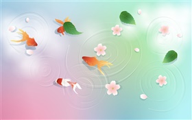 水，金魚，葉，花，矢量設計