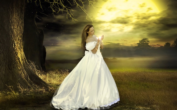 白色連衣裙的女孩幻想，黃昏，神奇 桌布 圖片