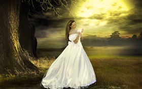 白色連衣裙的女孩幻想，黃昏，神奇 高清桌布