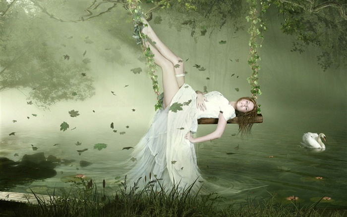 白色的連衣裙幻想女孩躺在鞦韆上，天鵝，湖，葉子 桌布 圖片