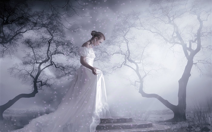 白色連衣裙的女孩幻想，樹木，雪，光線 桌布 圖片