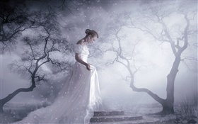 白色連衣裙的女孩幻想，樹木，雪，光線 高清桌布