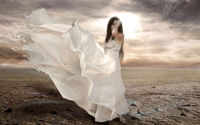 白色連衣裙的女孩幻想，風吹，日曬 桌布 圖片