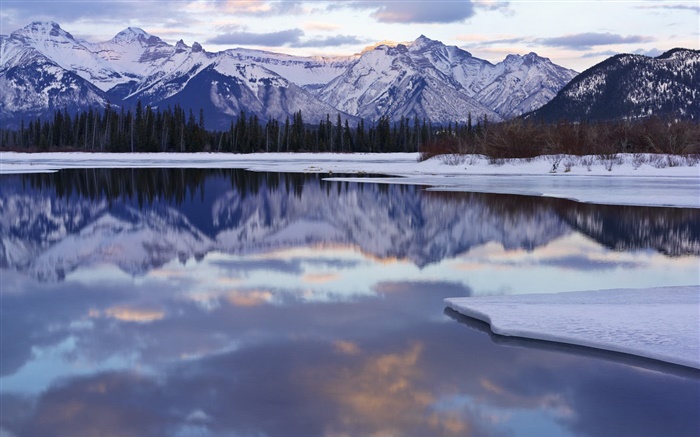 冬天，雪，山，樹木，湖泊，水中的倒影 桌布 圖片