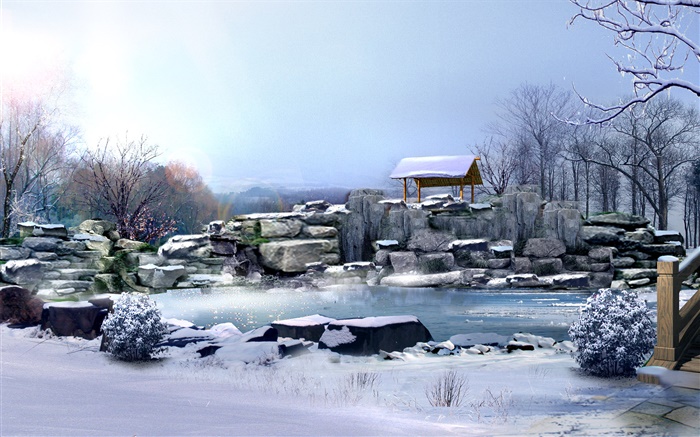 冬季，厚厚的積雪，石頭，樹木，池塘，3D渲染的圖片 桌布 圖片