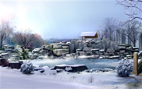 冬季，厚厚的積雪，石頭，樹木，池塘，3D渲染的圖片