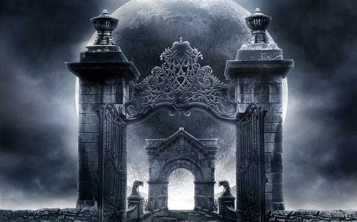 女巫城堡的門口，月亮，創意設計 桌布 圖片