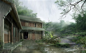 木頭房子，大雨，樹木，3D渲染的圖片