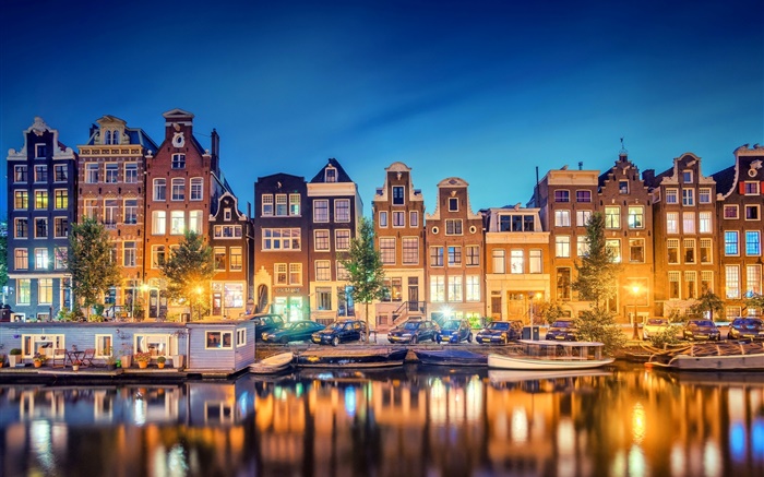 阿姆斯特丹，荷蘭，市，晚上，河流，房屋，燈 桌布 圖片