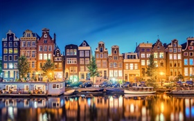 阿姆斯特丹，荷蘭，市，晚上，河流，房屋，燈