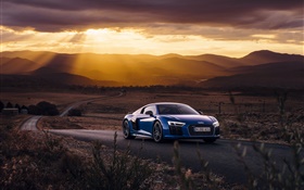 奧迪R8 V10藍車，日落，雲 高清桌布