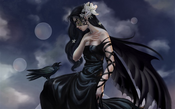 黑色禮服幻想的女孩，烏鴉精靈，翅膀 桌布 圖片