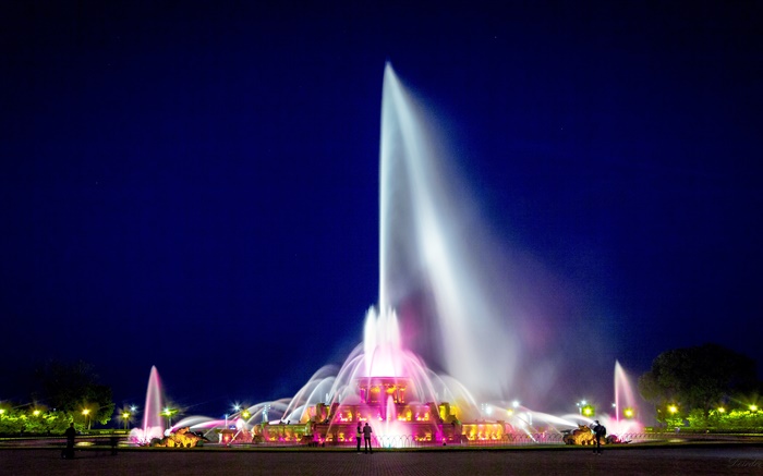 白金漢噴泉，芝加哥格蘭特公園，美國，夜，燈 桌布 圖片
