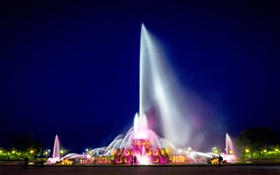 白金漢噴泉，芝加哥格蘭特公園，美國，夜，燈
