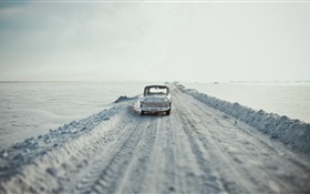 汽車，道路，雪，復古風格 高清桌布