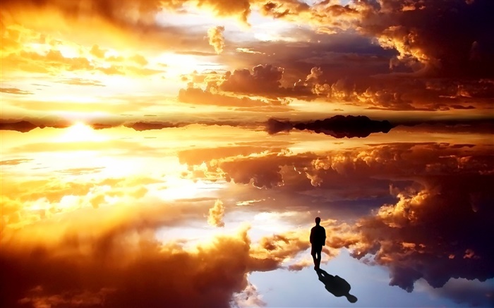 雲，日落，人，反射 桌布 圖片