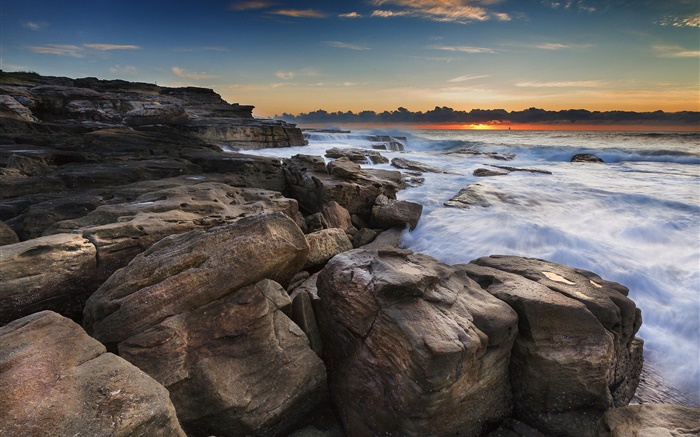 海岸，海洋，岩石，日出，沙灘 桌布 圖片